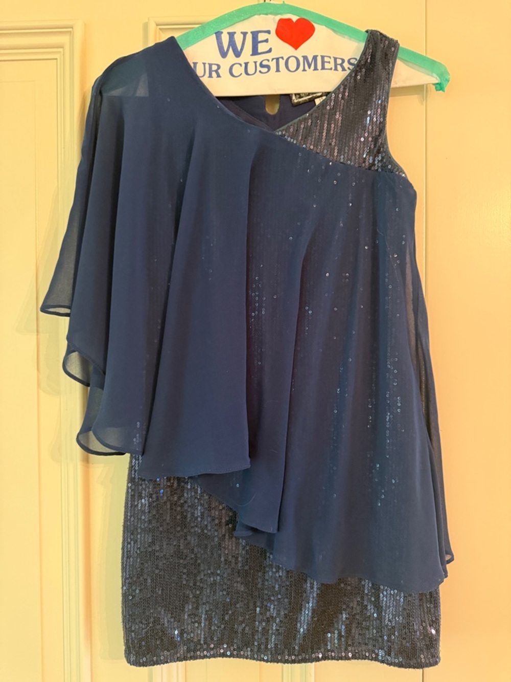 Sara Sara Navy Blue One-Shoulder Sequin Kids Formal Dress
